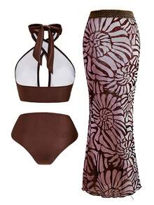 Swim Oasis Conjunto de 3 piezas de bikini y vestido de playa elegante de mujer con tela brillante marrón, tirantes cruzados y estampado jacquard, para vacaciones de verano - Marrón - Ver 2