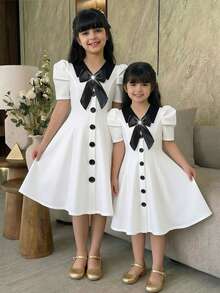 SHEIN 少女优雅翻领撞色羊腿袖连衣裙 - 白色 - 查看 7