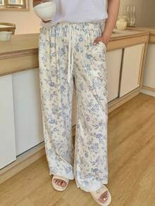 Dazy Plus Quần pajama dài nữ cỡ lớn họa tiết hoa nhí, cạp chun, thích hợp cho mùa xuân/hè. - Màu xanh lam - Xem 5
