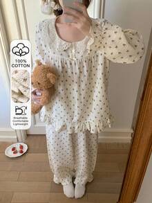 DAZY 碎花荷叶边领波点纹理雪纺面料荷叶边女士睡衣套装 - 白色 - 查看 3