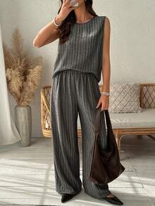 Vivie Lora Women's Striped Sleeveless Tank Top And Wide Leg Pants 2 Pieces Set - Dark Grey - View 8