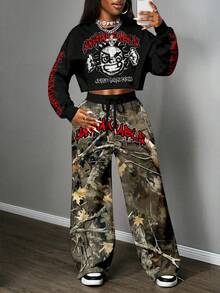 Slaydiva 女士秋装 / 女士冬装 / 千禧一代服饰 / 街头潮流 / 女士两件套 / 返校季 / 街头休闲 / 嘻哈风 / 黑色卡通人物 & 迷彩图案 - 彩色 - 查看 3