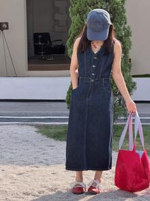 DAZY Tween Girls' V-Neck Button Half Placket Pocket Casual Sleeveless Denim Dress - Blue - View 7