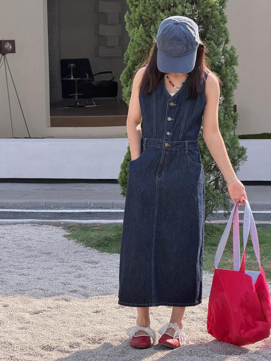 DAZY 少女V领纽扣半开襟口袋休闲无袖牛仔连衣裙 - 藍色 - 查看 1