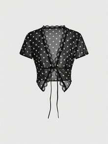 Sweetness Y2K Polka Dot Chiffon Lace Trim Cardigan Top For Women, Sexy & - Black - View 1