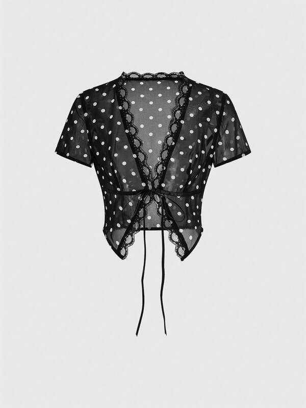 Sweetness Spring/Summer Y2K Polka Dot Chiffon Lace Trim Cardigan Top For Women, Sexy &