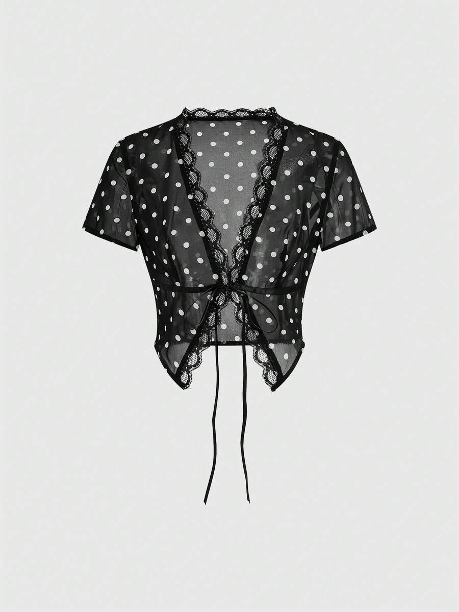 Sweetness Y2K Polka Dot Chiffon Lace Trim Cardigan Top For Women, Sexy & - Black - View 1