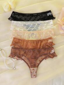 5pcs/Set Heart Shaped Jacquard Mesh Ruffle Trim Thong Panties, Sweet Combination - Multicolor - View 1