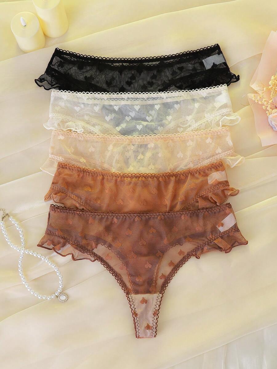 5pcs/Set Heart Shaped Jacquard Mesh Ruffle Trim Thong Panties, Sweet Combination - Multicolor - View 1