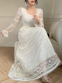 DAZY Đầm ren phối ren thanh lịch dành cho nữ, đầm dạ hội dáng xòe. - Màu be - Xem 1