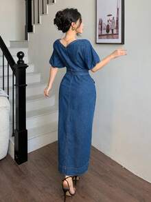 DAZY Women's V-Neck Short Sleeve Belted Elegant Long Washed Denim Dress - Medium Wash - View 3