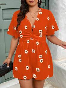 EMERY ROSE Plus Size Women Floral Print V-Neck Drawstring Waist A-Line Short Sleeve Casual Elegant Shorts, Spring/Summer Women's Floral Romper Orange Floral Romper Plus Size Romper Orange Romper - Burnt Orange - View 3