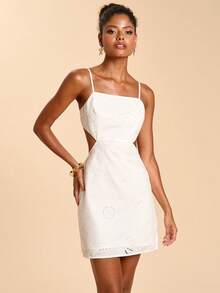 Travachic Vestido mini de verano casual y romántico con bordado y cordones en la espalda descubierta - Blanco - Ver 4