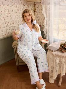 CottageSlumber Romantic Floral & Bow Print Lapel Button Front Comfortable Woven Plus Size Pajama Set - Multicolor - View 6