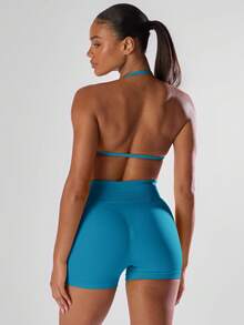 Musera Sport Solid Ruched Bust Open Back Halter Sports Bra, Active Comfy Workout Gym Running Run Clubpadel, Tennis, Pickleball Gym Fitness - Mint Blue - View 2