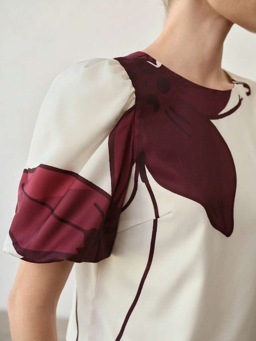 MOTF PREMIUM WOMEN ASYMMETRIC FLORAL PRINT SHORT SLEEVE TOP AND PANTS 2 PIECES SET - Apricot - View 2