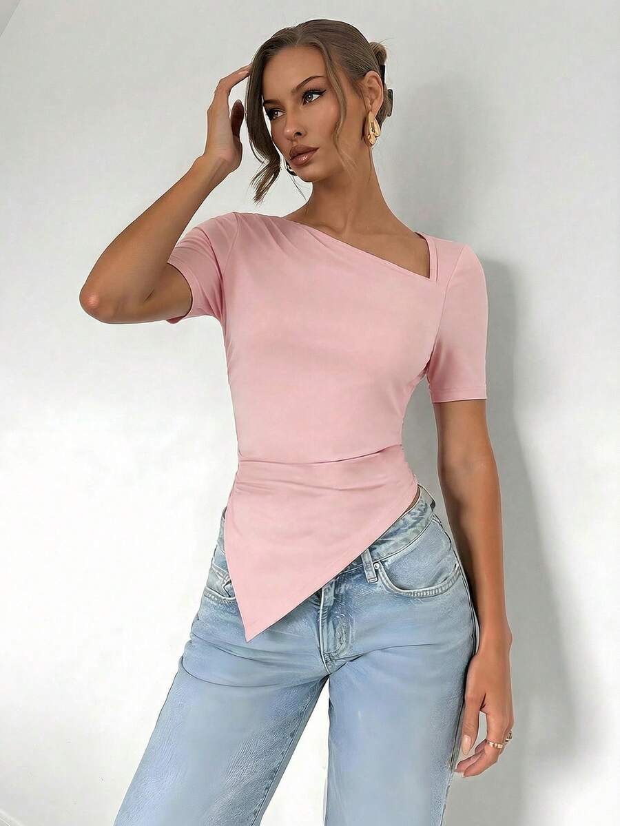 Almamuse Women's Solid Color Short Sleeve Ruched Fitted Asymmetrical T-Shirt Pink Top - Pink - View 1