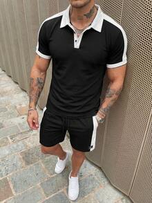 HIMLAND Men's Casual Commuting Sports 2 Pieces Polo Suit - Black and White - View 3