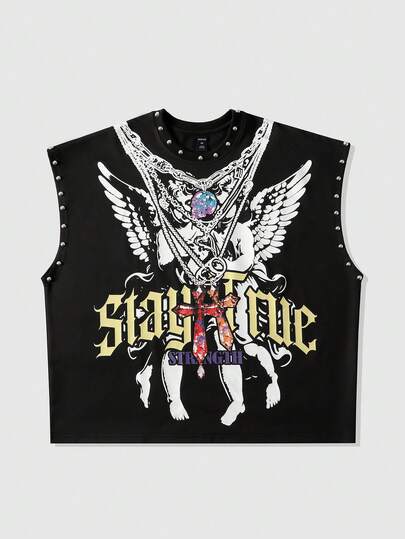 ROMWE MEN Street Life Herrlinne med rund hals och nitar och ängeltryck