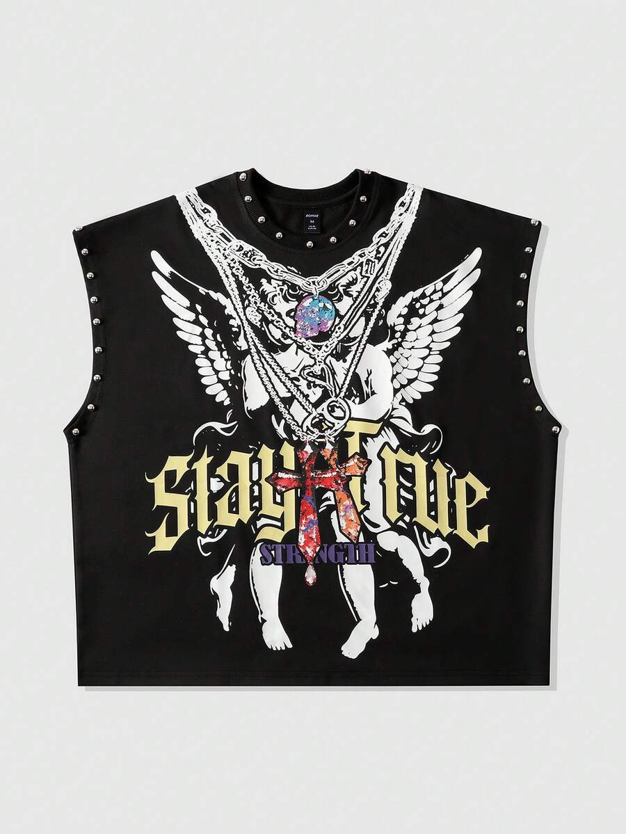 ROMWE MEN Street Life Men's Angel Letter Print Round Neck Rivet Loose Tank Top - Black - View 1