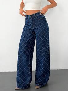 EURMUSE 100% Cotton Women's Plaid Pattern Slant Pocket Wide Legs Casual Jeans - Medium Wash - View 3