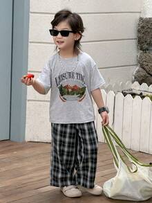 DAZY 两件套男童山形字母印花圆领短袖T恤和格子裤休闲套装 - 灰色 - 查看 4