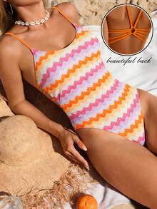 Swim Vcay 1pc Women's One-Piece Swimsuit With Wave Print, Backless & Ruched Design, Fashionable Casual Swimwear For Spring, Summer, Autumn & Winter - Multicolor - View 1