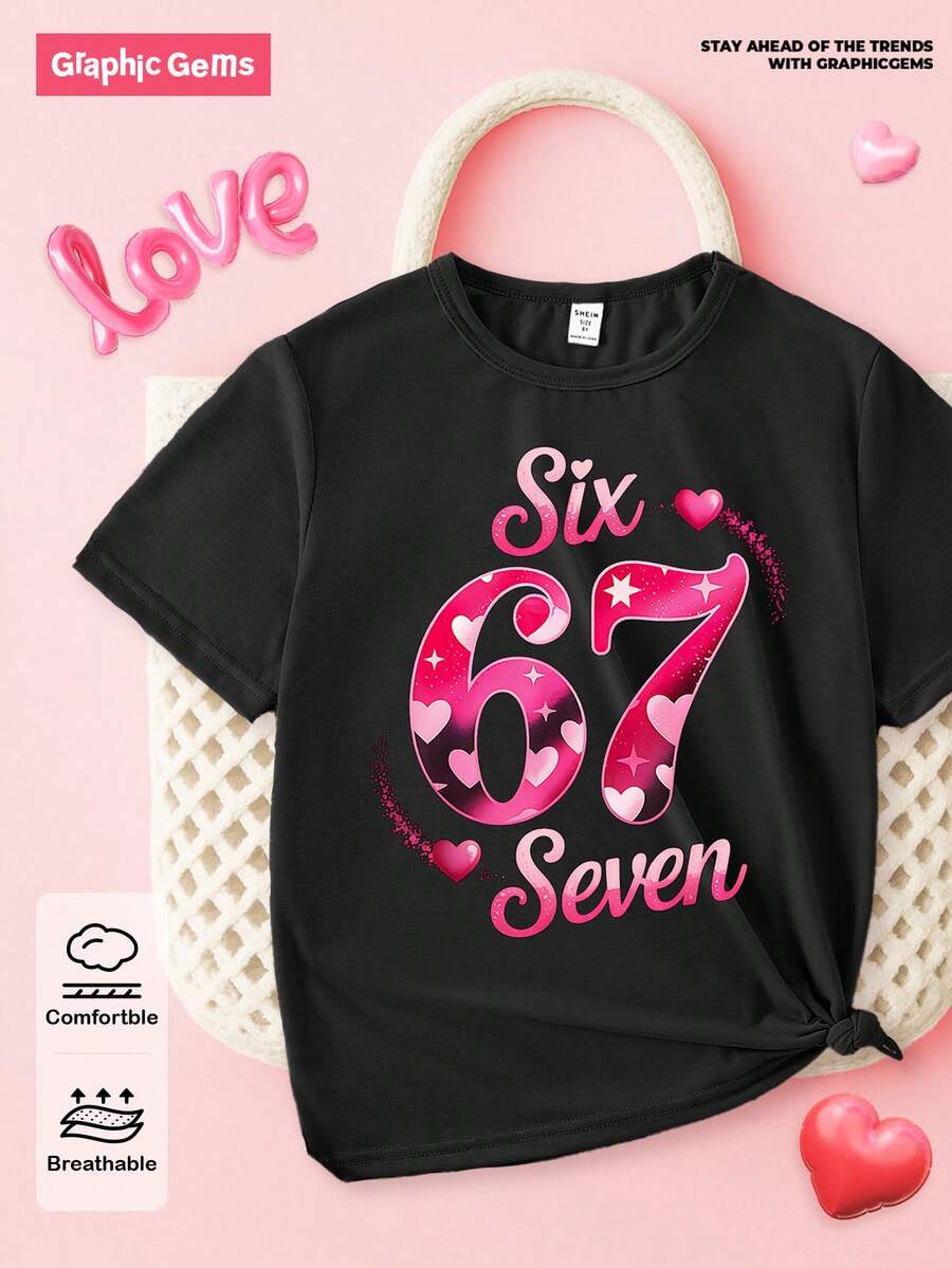 SHEIN 夏秋女童休闲时尚创意个性清新简约数字67、爱心、星星、字母标语印花舒适基础款短款T恤,温暖的夏秋风格,适合女孩日常穿着,上衣,情人节6x女童服装7岁生日T恤女童数字T恤少女生日T恤7t女童T恤 - 黑色 - 查看 1