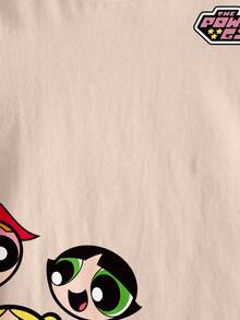 THE POWERPUFF GIRLS X SHEIN 少女休闲撞色滚边卡通图案圆领短袖T恤，夏季 - 白色 - 查看 4