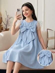 SHEIN 少女时尚大蝴蝶结袖连衣裙，夏季 - 藍色 - 查看 5