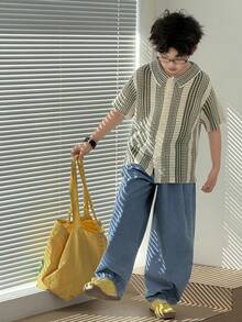 DAZY Pantalones vaqueros casuales de ajuste holgado con bolsillos en diagonal y cordón en la cintura para niño preadolescente - Azul - Ver 4