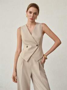 MOTF PREMIUM MINIMALIST DOUBLE BREASTED BACK TIE SLEEVELESS COAT, SPRING/SUMMER - Khaki - View 5