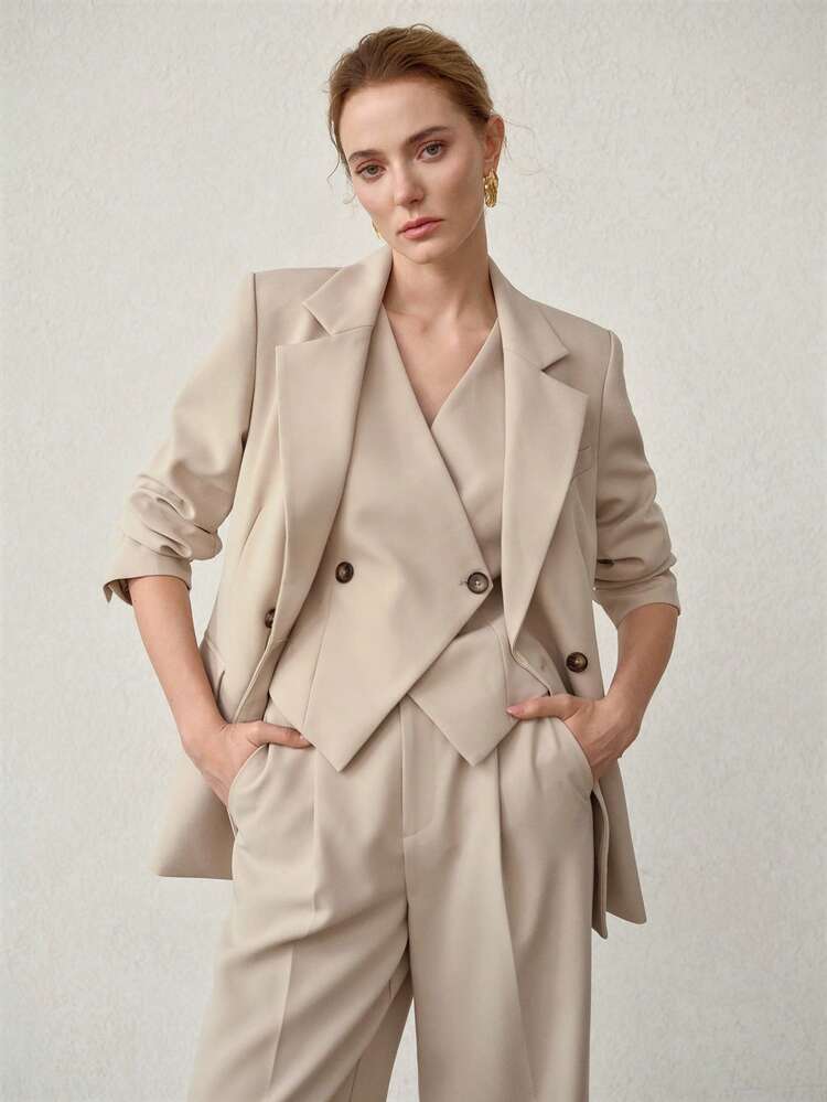 MINIMALIST DOUBLE BREASTED BACK TIE SLEEVELESS COAT, SPRING/SUMMER