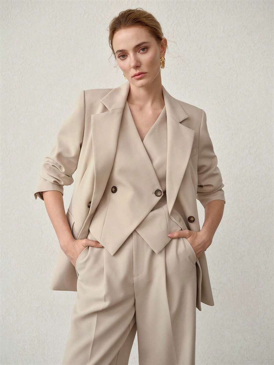 MOTF PREMIUM 极简主义双排扣后背系带无袖外套，春夏款 - 卡其色 - 查看 1