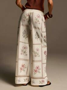 Athîral Women's Casual Vacation Embroidered Floral Trim Elastic Waist Pants, Spring/Summer - Apricot - View 2