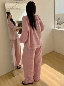 Dazy Plus 两件套可爱撞色蕾丝宽松上衣长裤睡衣套装，粉色，春夏款 - 粉色 - 查看 2