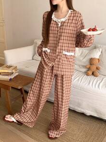 DAZY Bộ đồ ngủ 2 món gồm áo khoác cardigan dài tay và quần dài, phối ren và họa tiết kẻ caro, dành cho nữ, mùa thu. - Màu Khaki - Xem 3