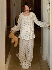 DAZY 碎花荷叶边领波点纹理雪纺面料荷叶边女士睡衣套装 - 白色 - 查看 7