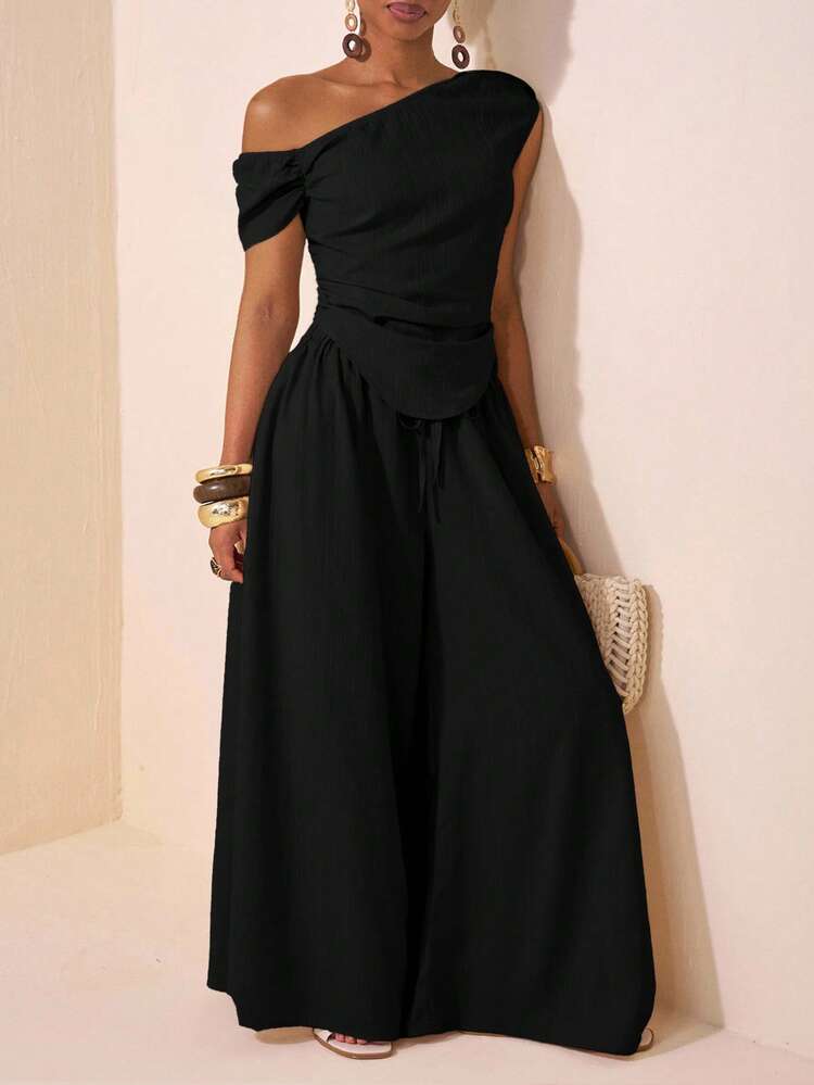 Veslaya Women Plus Size 2-Piece Set Black,Autumn,Elegant,Formal,Evening,Night Out Club Asymmetric Shoulder Ruched Crop Top & Wide Leg Pants With Pockets - Black - View 6