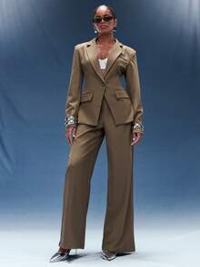 Normani 女士时尚翻领单排扣休闲套装 - 摩卡棕 - 查看 3