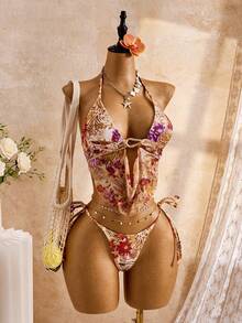 Swim SXY Floral Leopard Print Sexy Metal Decor Beach Vacation Women Camisole Strap Bikini - Multicolor - View 3