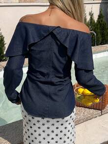 DAZY 女士露肩长袖开襟休闲度假牛仔衬衫 - 深色水洗藍 - 查看 6