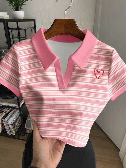 Rovax 女士条纹爱心印花休闲Polo领短袖上衣