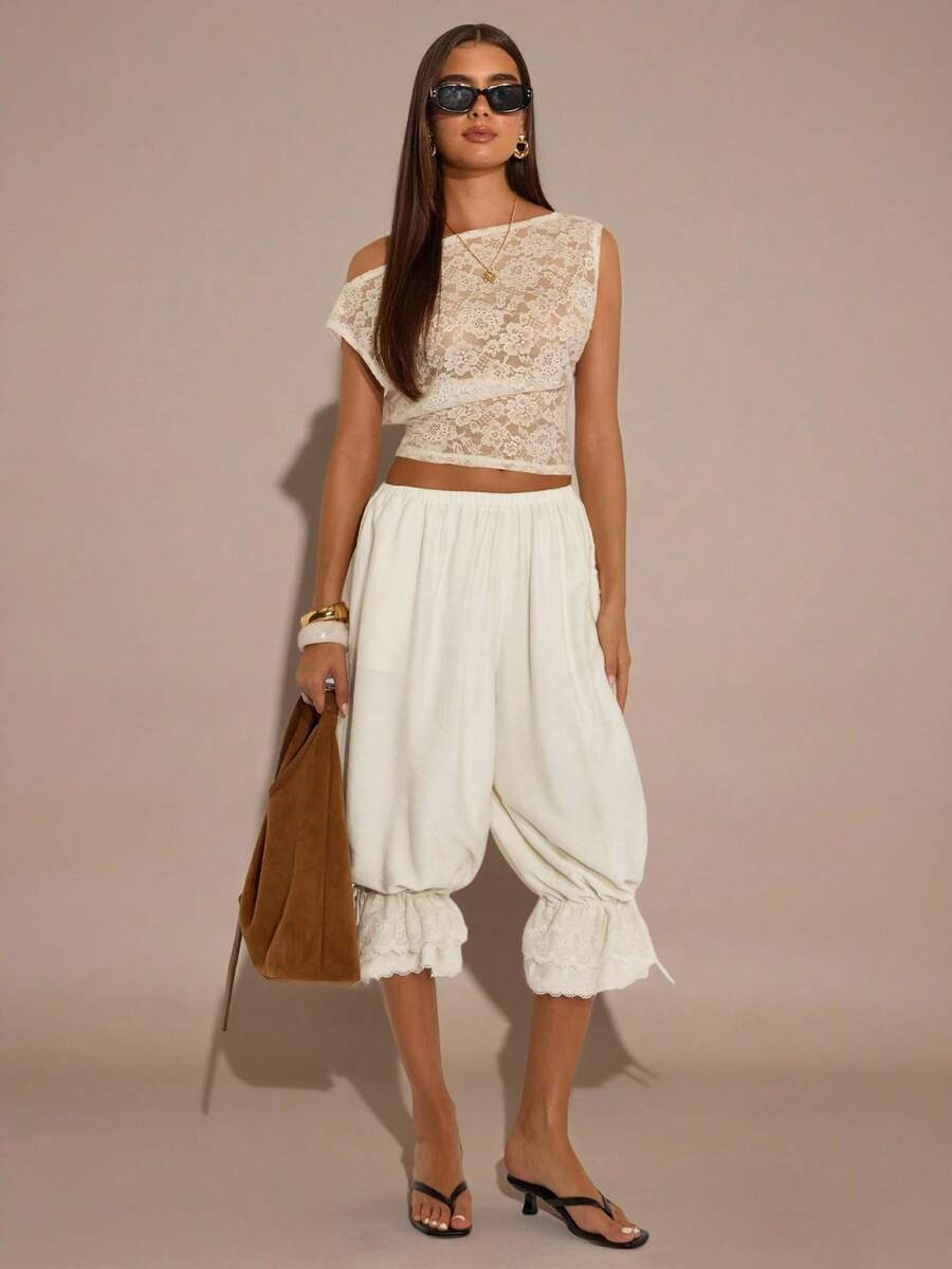 SHEIN BAE 女士纯色弹力腰荷叶边七分裤 - 杏色 - 查看 1