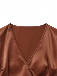 GlowEve New V-Neck Cross Strap Sleeveless Shiny Fabric Elegant Commuter Young Versatile Everyday Fitted Women Blouse - Brown - View 8