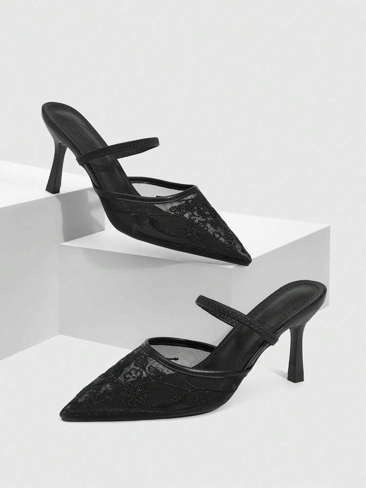 CUCCOO SZL Women's Fashion Elegant Embroidered Pointed Toe Mesh High Heel Pumps Spring Shoes