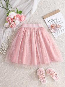 SHEIN Young Girl Sequin Mesh Casual Summer Skirt - Pink - View 8