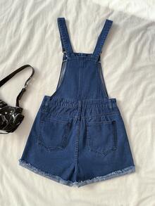 Elamini Women's Casual Fashion Street Chic Daily Commute Zip-Up Ripped Raw Edge Cuffed Hem Denim Romper - Blue - View 2