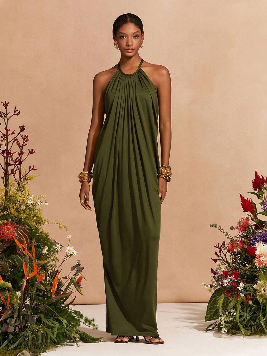Zivah 2026 Spring/Summer New Arrival Wedding Season, Music Festival, Easter, Western, Boho, Nashville Inspired Dress With Halter Neck, Sexy Open Back, Front Ruching, Loose A-Line Silhouette, Suitable For Parties, Weddings, Evenings, Dates, Gatherings - Olive Green - View 1