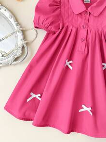 SHEIN LMoss Kids Cute Babygirl Summer Fuchsia Bow Collar Short Sleeve Dress - Hot Pink - View 4